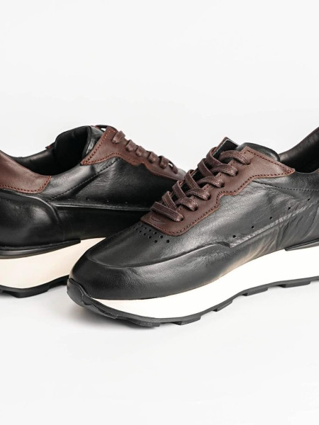 SİYAH DERİ KAHVERENGİ DETAYLI BAĞCIKLI SNEAKERS